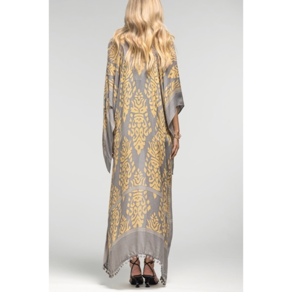 SOLD OUT Gray & Yellow Damask Print Pompom Trim Bohemian Kimono Wrap Coverup - Picture 5 of 5